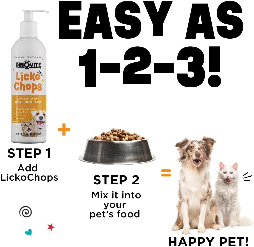 Lickochops for Dog & Cat Supplement Enhanced with Omega-6, 3 Fatty Acids, Probiotics and Vitamin E, 16 Oz with Pump