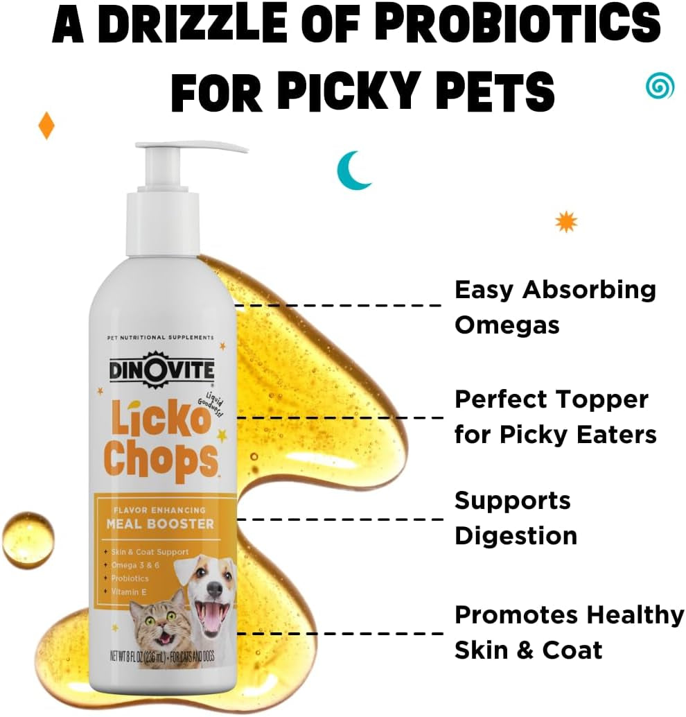 Lickochops for Dog & Cat Supplement Enhanced with Omega-6, 3 Fatty Acids, Probiotics and Vitamin E, 16 Oz with Pump