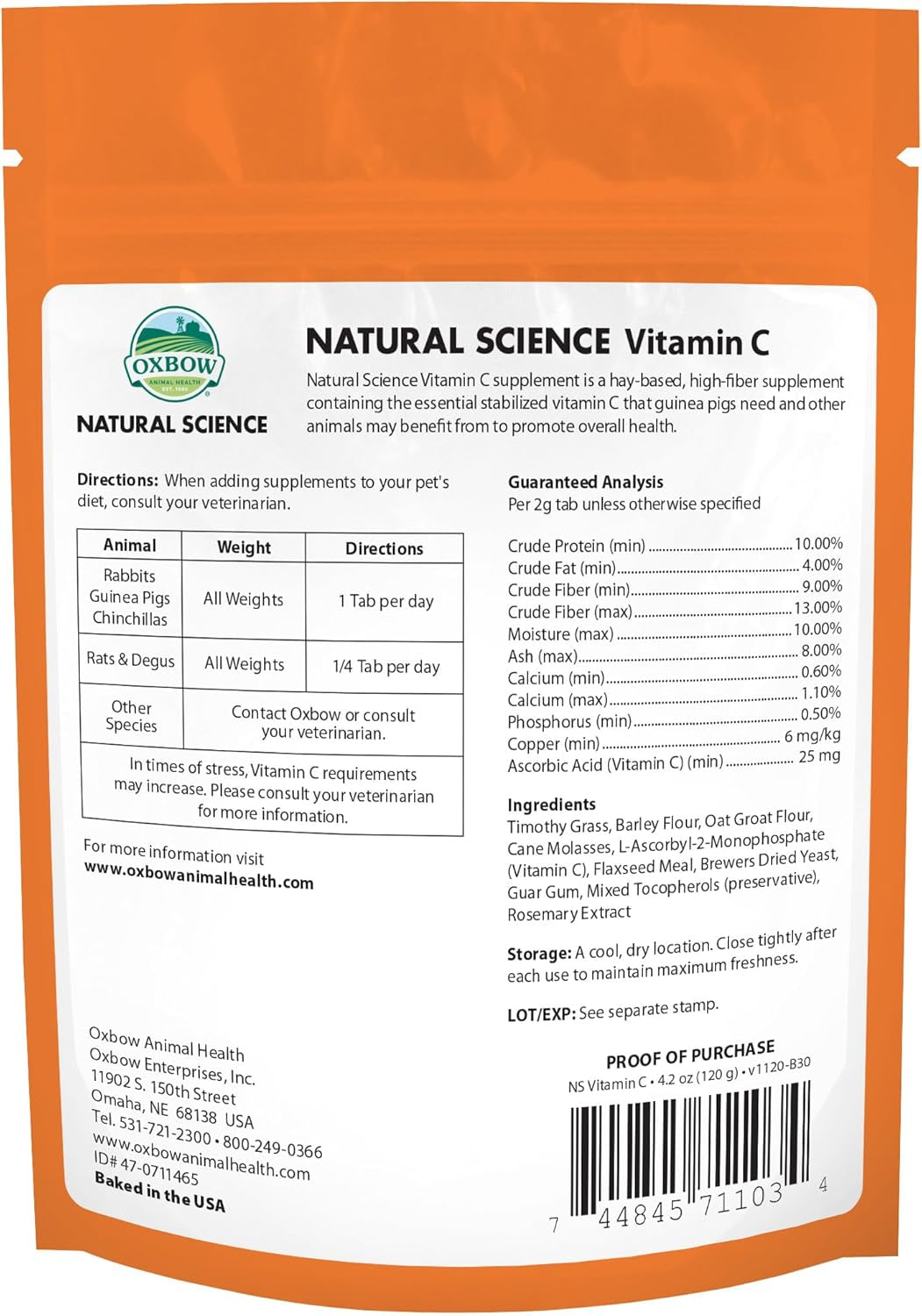 Natural Science Vitamin C Supplement, Vitamin C & High-Fiber Timothy Hay, Guinea Pig Items, Made in the USA, Small Pet Supplies, Recommended by Veterinarians, 4.2 Oz