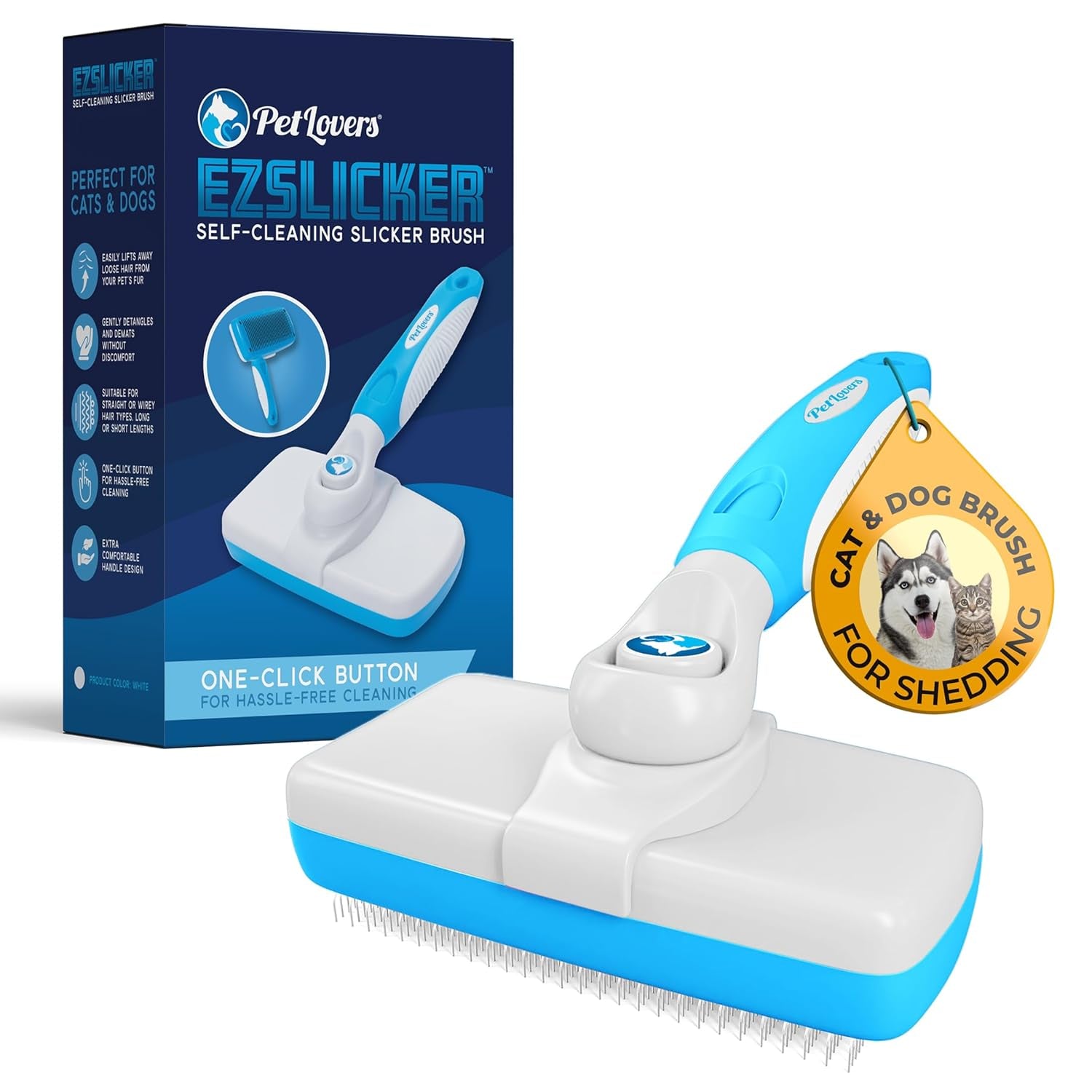 Ezslicker Self-Cleaning Brush - Dog Brush for Shedding, Gentle Slicker Brush for Cats, Tangle-Free Grooming Comb with Soft Bristles & Ergonomic Handle for Stress-Free Grooming