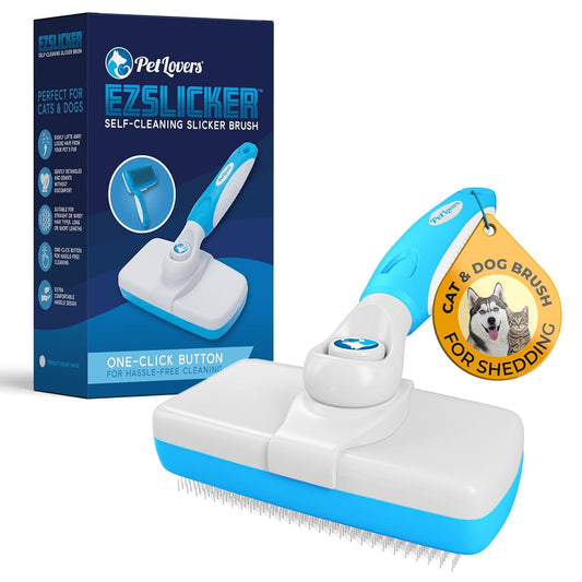 Ezslicker Self-Cleaning Brush - Dog Brush for Shedding, Gentle Slicker Brush for Cats, Tangle-Free Grooming Comb with Soft Bristles & Ergonomic Handle for Stress-Free Grooming
