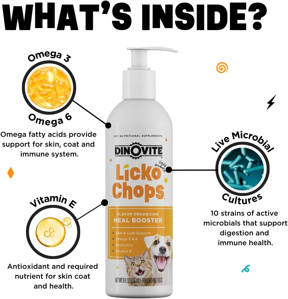 Lickochops for Dog & Cat Supplement Enhanced with Omega-6, 3 Fatty Acids, Probiotics and Vitamin E, 16 Oz with Pump