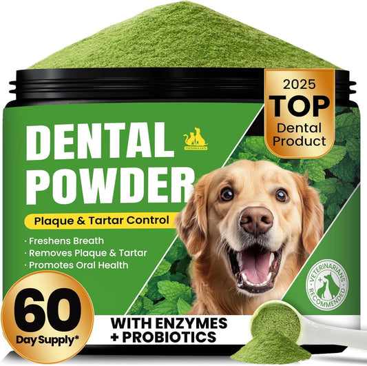 Dog Teeth Cleaning Powder, Dog Dental Powder and Cats Breath Freshener, Plaque off Pet Tooth Cleaning Lab Co, Bad Breath & Tartar Remover for Dogs, Dog Teeth Cleaning with Enzymes- 60-Day Supply -Mint
