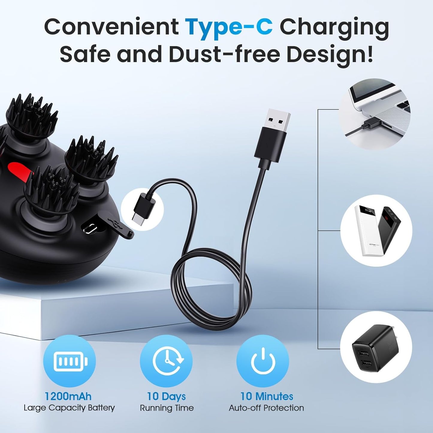 Electric Head Scalp Massager - Rechargeable IPX7 Waterproof Scalp Massager W/ 3 Speed Modes, 2 Sets 8 Detachable Claws, 360° Kneading for Stress Relax, Deep Clean & Hair Growth - Ideal Gifts (Black)