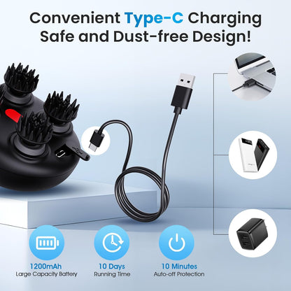 Electric Head Scalp Massager - Rechargeable IPX7 Waterproof Scalp Massager W/ 3 Speed Modes, 2 Sets 8 Detachable Claws, 360° Kneading for Stress Relax, Deep Clean & Hair Growth - Ideal Gifts (Black)