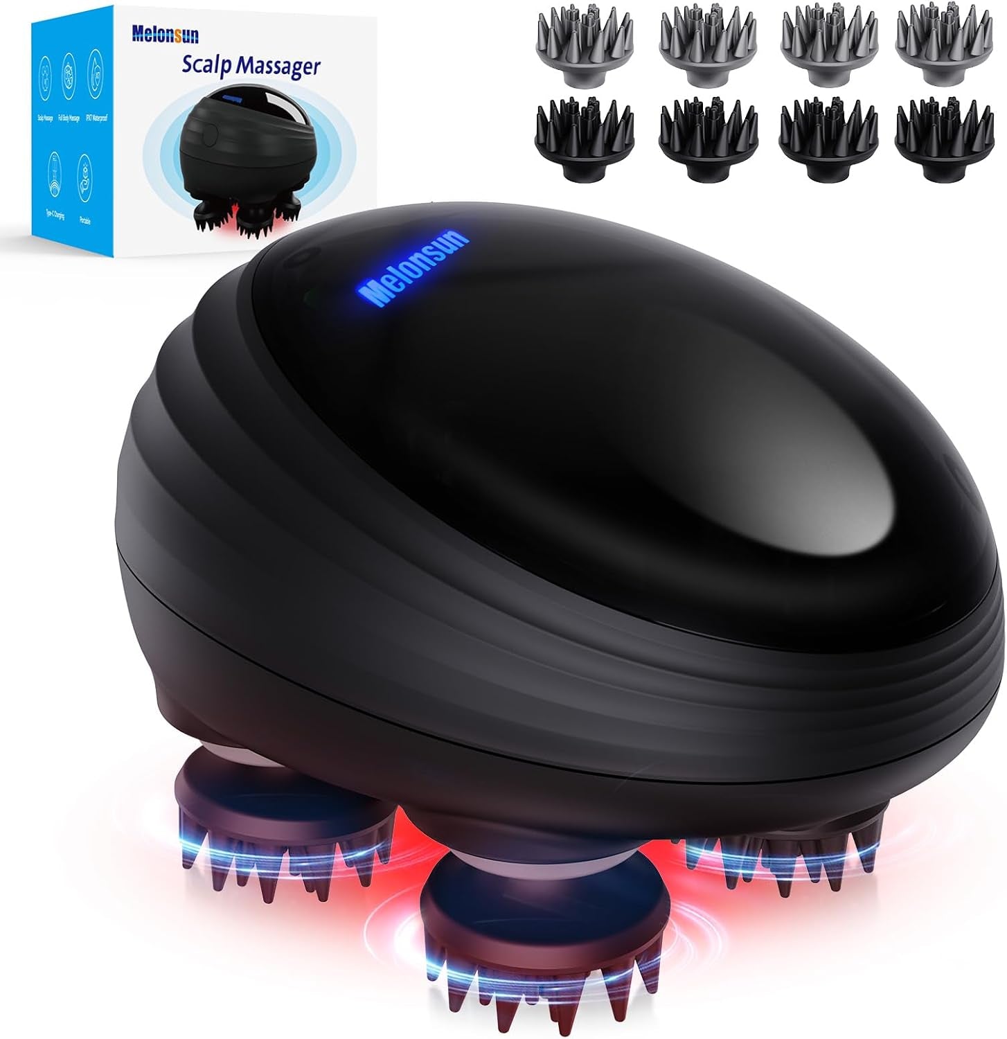Electric Head Scalp Massager - Rechargeable IPX7 Waterproof Scalp Massager W/ 3 Speed Modes, 2 Sets 8 Detachable Claws, 360° Kneading for Stress Relax, Deep Clean & Hair Growth - Ideal Gifts (Black)